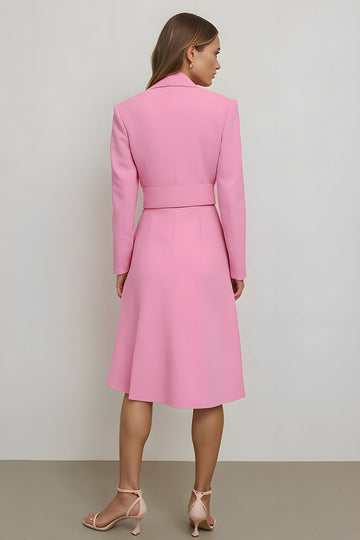 Pink Notched Lapel Bodycon Satin Midi Blazer Dress with Belt